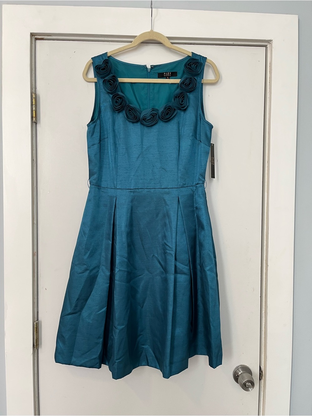 Alex Marie Teal Satin Sleeveless Rosette Neck Cocktail Dress party wedding guest